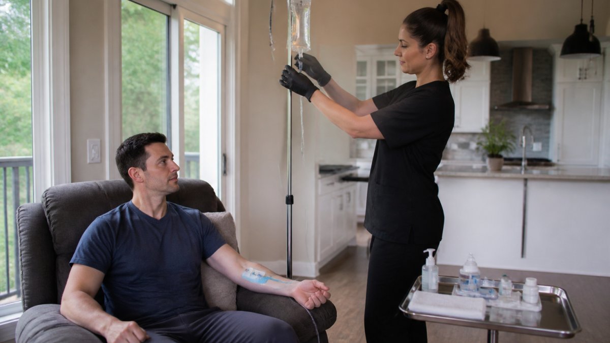 A licensed phlebotomist in a home setting preparing an IV drip bag on a stand next to a seated traveler in a comfortable armchair, with a small tray of supplies nearby