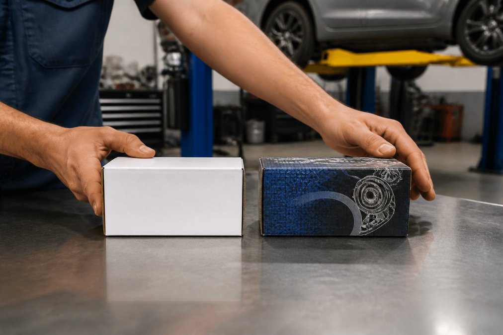 Close-up of a mechanic's hands comparing an OEM Japanese car part box next to an aftermarket part box on a clean workbench, with a vehicle lift visible in the background of a professional repair shop