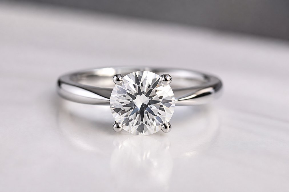Close-up of a diamond ring photographed under professional studio lighting with controlled reflections and diffused light sources, showing brilliant sparkle and precise colour rendering against a neutral background