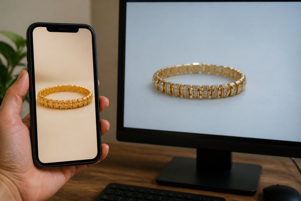 Split-screen view showing the same gold bracelet displayed on a smartphone screen with warm, saturated colours on the left side and a desktop monitor with cooler, more neutral tones on the right side, highlighting the colour and brightness differences between devices