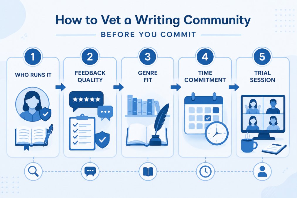 Five-step flowchart for vetting a writing community before joining