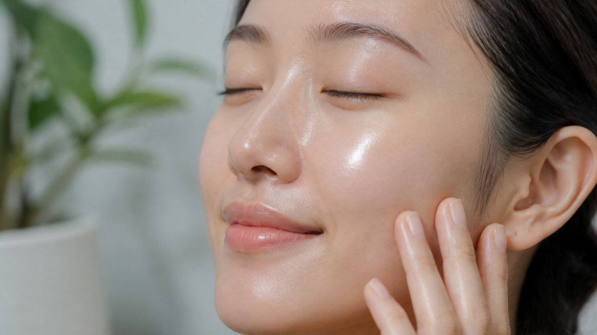 Close-up of a woman's glowing, hydrated complexion with dewy, luminous skin texture showing the radiant glass skin effect under natural soft lighting