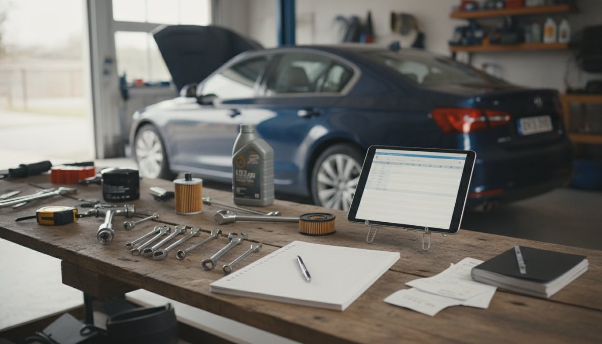 Close-up of a person's hands holding a smartphone displaying a vehicle maintenance app interface, with a car visible in the background through a garage window