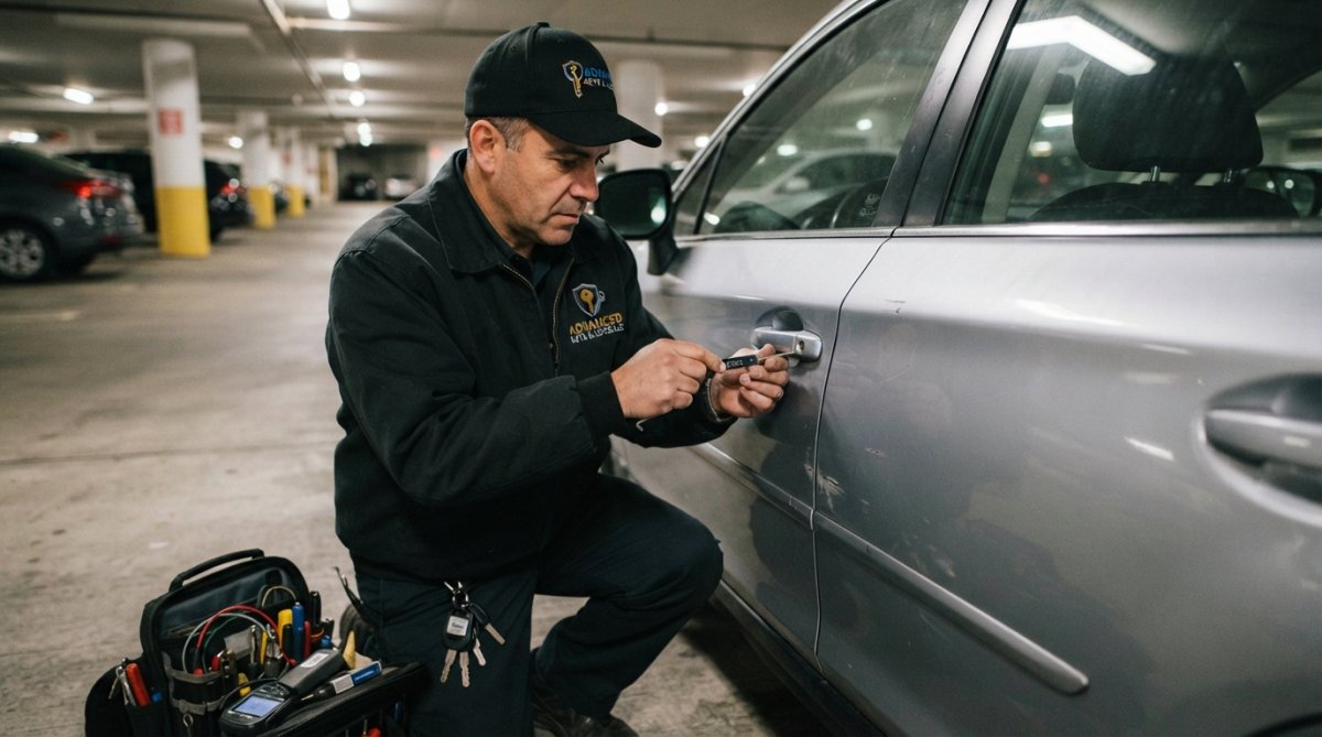 Locksmith using a diagnostic tool for key fob programming at a car's OBD-II port in a workshop