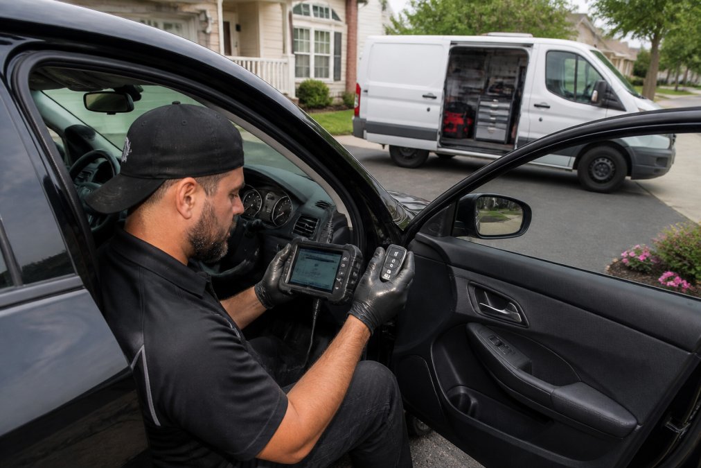 A professional automotive locksmith in a marked service van using a diagnostic tablet to program a key fob for a customer's car in a suburban Northern Virginia driveway