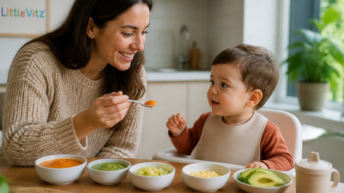 A parent and toddler sitting together at a bright kitchen table, with small bowls of colourful soft foods like mashed sweet potato and avocado slices. The parent is smiling and gently offering a spoon, creating a calm, low-pressure mealtime scene.