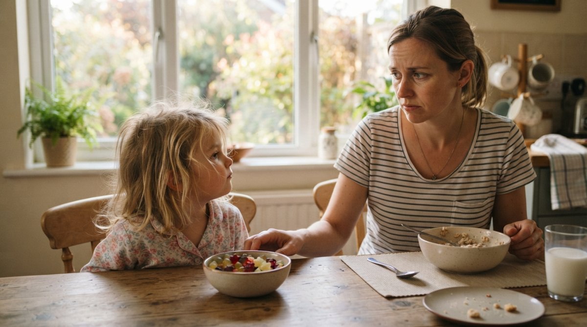 A parent sitting at a kitchen table with a young child who is turning away from a small bowl of gummy vitamins, warm morning light through the window, frustrated but caring expression on the parent's face
