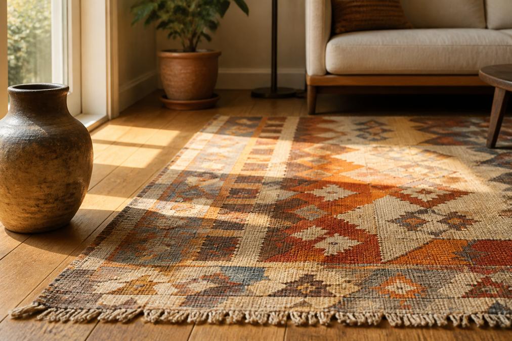 Handwoven wool kilim rug in a sunlit living room, perfect for sustainable home decor on wooden floors.