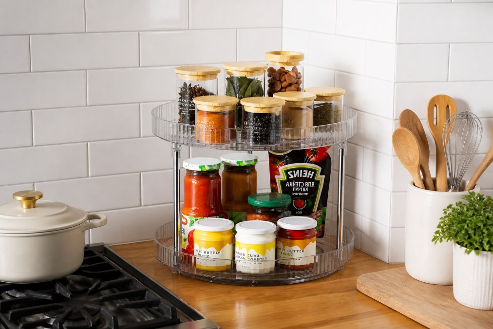 Clean, well-organized kitchen with clearly labeled containers arranged by zone, items grouped near their use areas (spices near stove, baking supplies near oven), and accessible shelving with proper spacing
