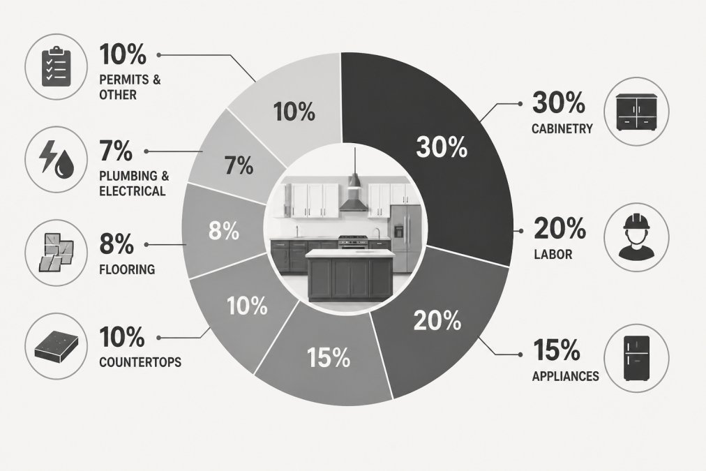 Pie chart showing typical allocation of a kitchen remodel budget: cabinetry 30%, labor 20%, appliances 15%, countertops 10%, flooring 8%, plumbing and electrical 7%, permits and other 10%