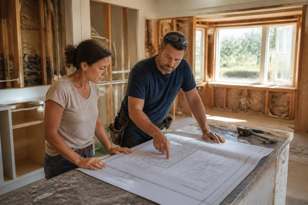 A homeowner and a contractor reviewing blueprints spread across a kitchen island in a partially demolished kitchen, morning light through a bare window frame