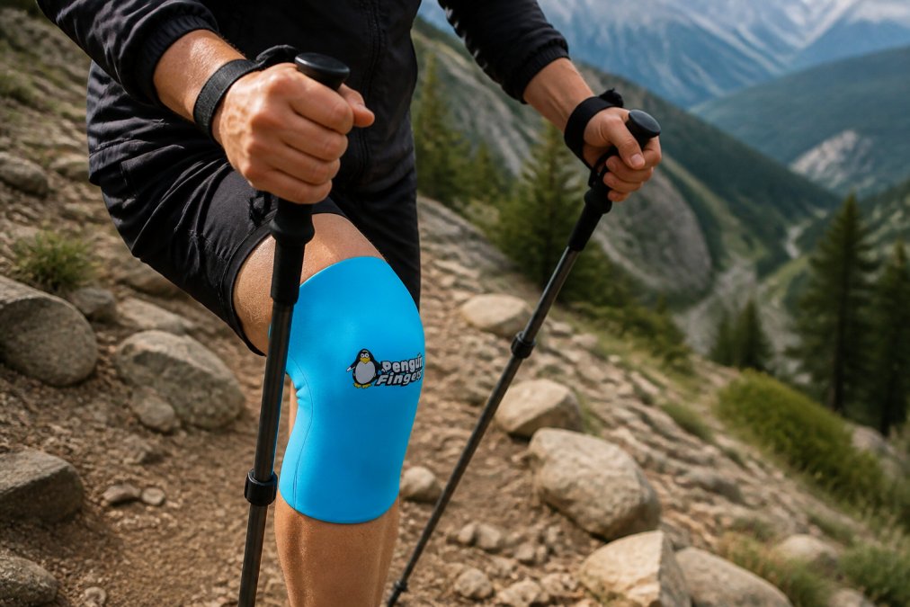Close-up of hiker's hands gripping trekking poles on steep downhill trail, showing proper grip from underneath wrist strap with relaxed fingers, poles at correct angle against rocky descent