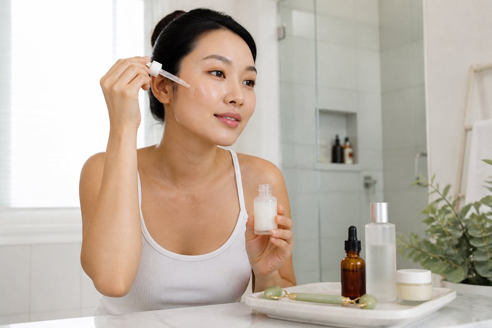 A woman in a bright bathroom applying a drop of milky serum to her cheek, with a small tray of skincare bottles and a jade roller on the counter, soft natural light