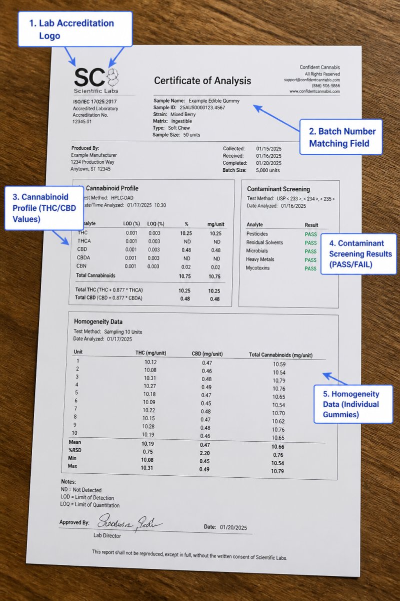 Infographic highlighting key sections of a Certificate of Analysis for lab testing edibles, including potency and safety