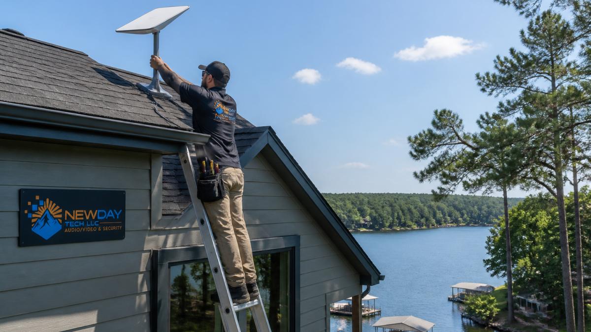A technician on a ladder adjusting a satellite dish mounted on the roof of a rural lake house, trees visible in the background and a clear sky above