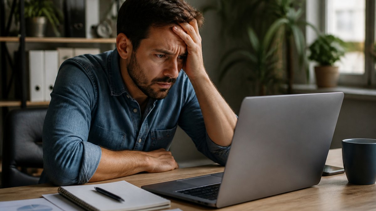 Business owner reviewing an analytics dashboard where landing page forms fail to convert visitors into leads.