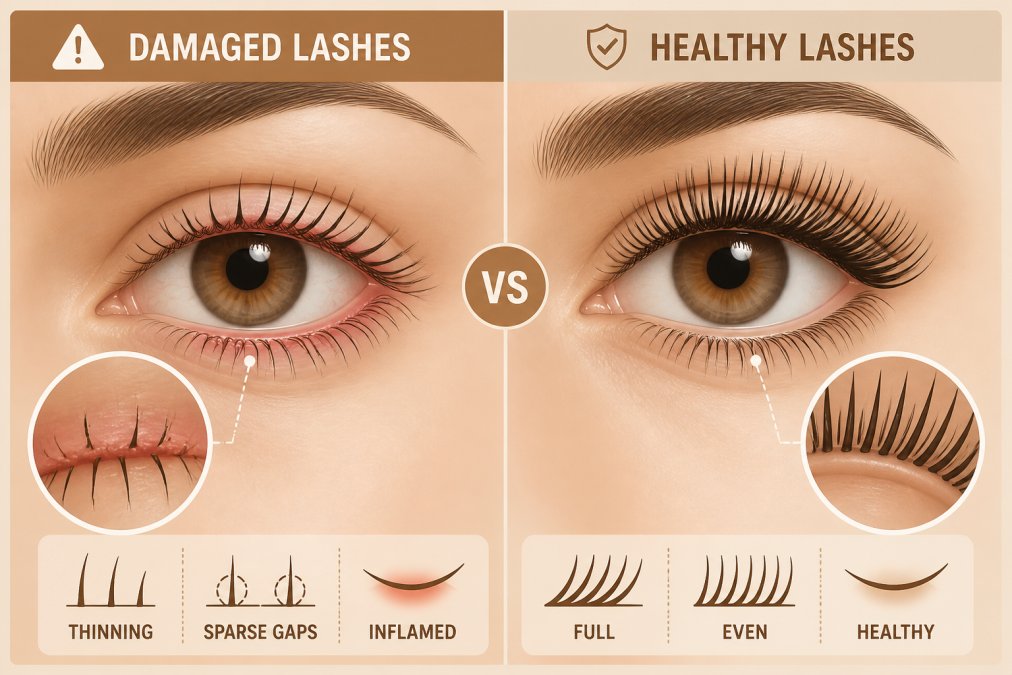 Close-up of eye showing thinning natural lashes with visible breakage, sparse gaps between lashes, and inflamed lash line compared to fuller, healthy lashes on the other eye