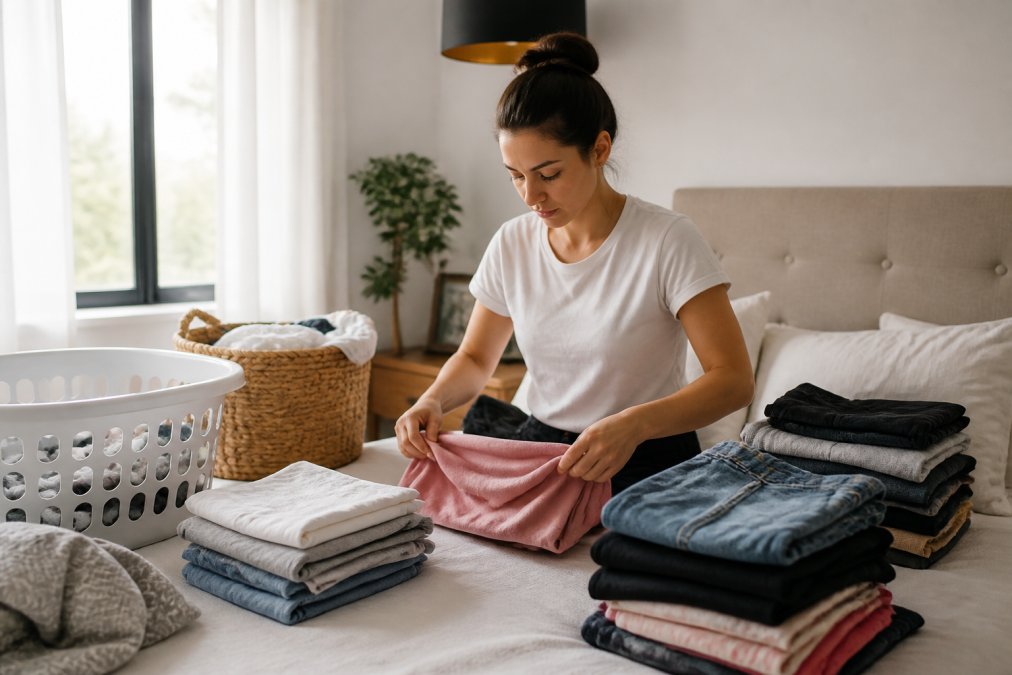 Person folding a large stack of fresh laundry on a bed to manage why laundry takes so long for large households