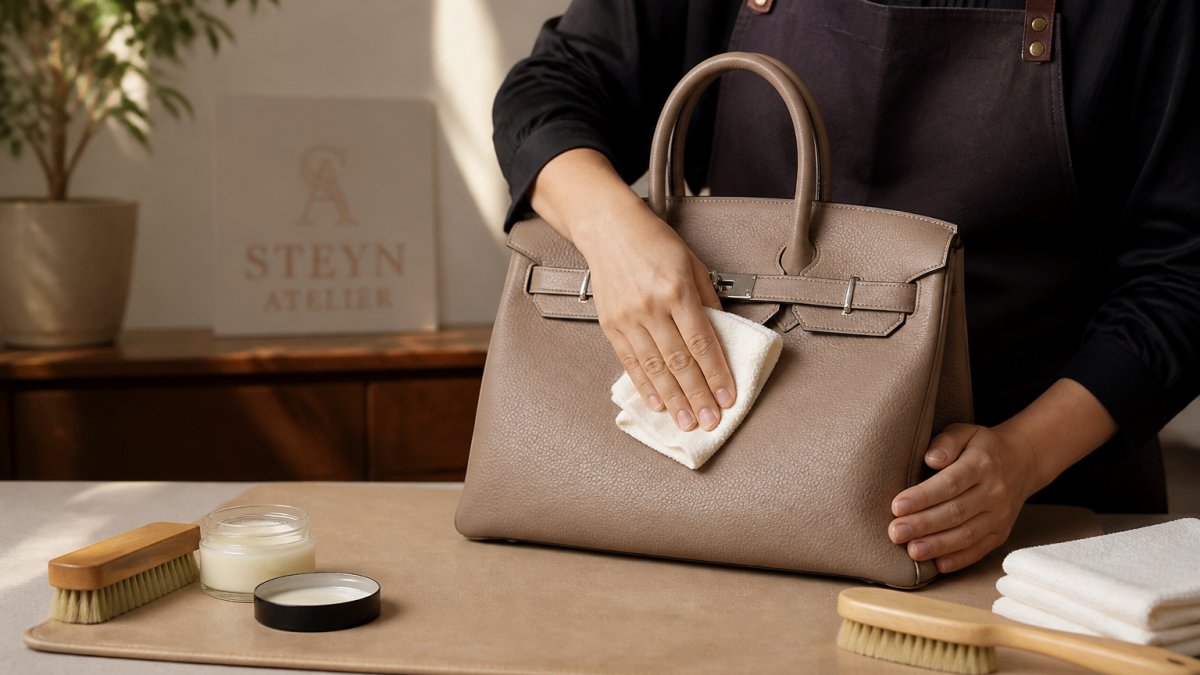 Step-by-step guide showing the proper technique for applying leather conditioner to a luxury handbag
