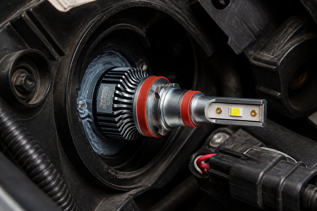 Close-up of an LED headlight bulb assembly showing aluminum heat sink fins with cooling fan mounted in vehicle headlight housing, with visible thermal paste application and wiring harness connector
