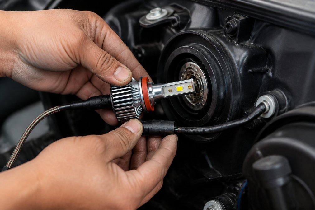 Mechanic's hands carefully aligning LED bulb connector with factory headlight socket, showing proper wiring harness routing and heat shrink tubing application during installation