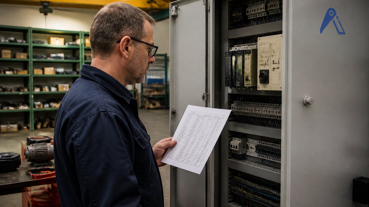 Maintenance manager checking a legacy PLC against a parts list to improve stock visibility