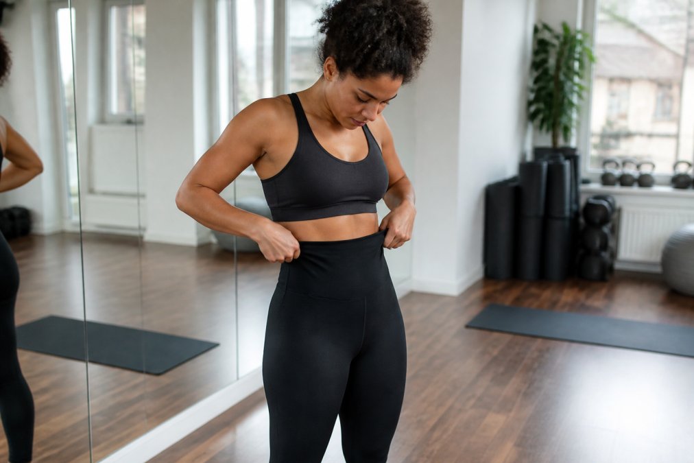 Woman adjusting the high waistband of her athletic leggings to prevent them from rolling down in a fitness studio.