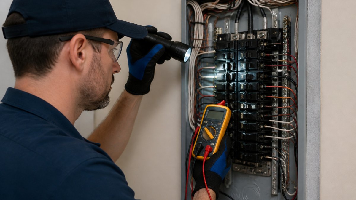 Professional electrician's hand inspecting a residential electrical panel with breakers and wiring, checking connections inside the panel box with a flashlight and multimeter