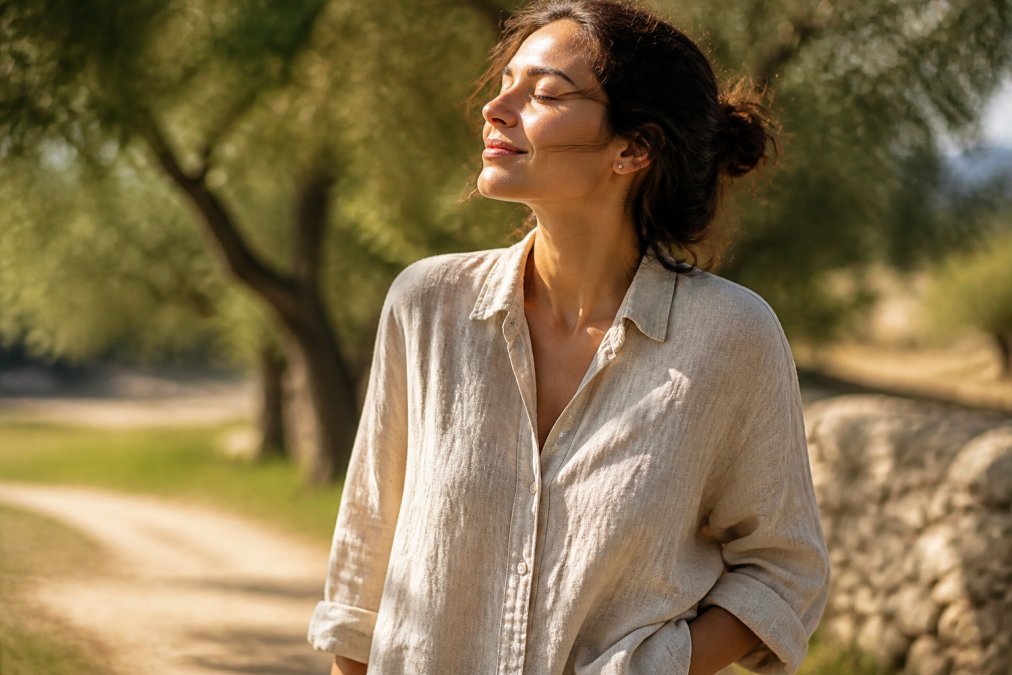 Close-up of a woman in a loose, natural-toned linen shirt outdoors in warm sunlight, fabric texture clearly visible, relaxed and comfortable expression, soft afternoon light filtering through trees