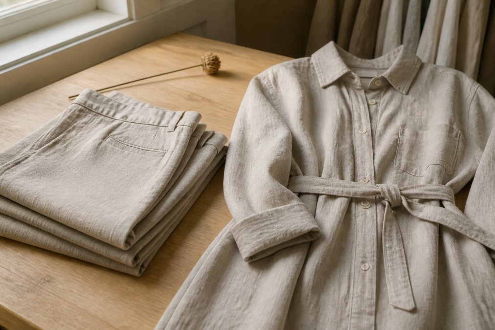 Neatly folded linen trousers and a linen shirt dress in neutral tones arranged on a light wooden surface, soft natural light from a nearby window, minimal styling with a single dried flower stem