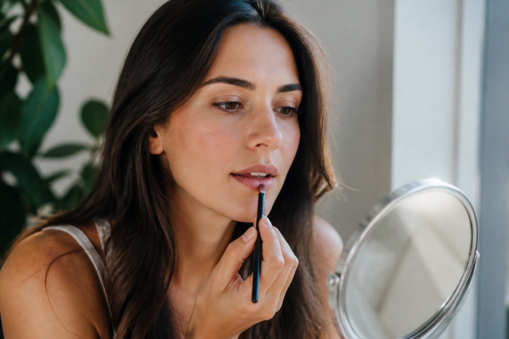Woman applying lip product with precise technique using a lip brush, showing gentle application on well-prepped, moisturized lips in natural daylight