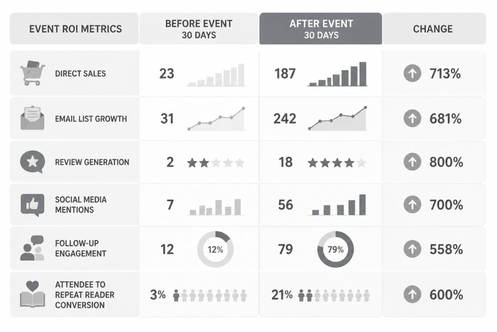 Matrix tracking metrics for why local author events increase book sales, including direct sales and reader growth.