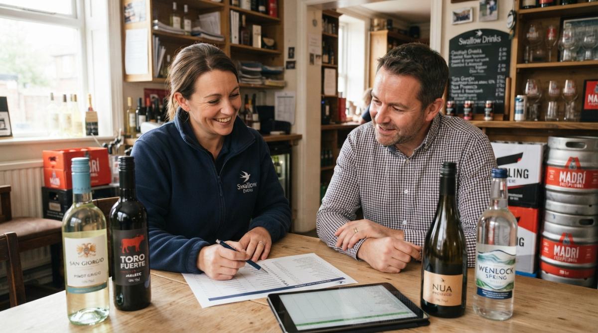 Small independent bar owner reviewing bottles on shelves with a local supplier representative, both examining premium drinks stock with collaborative atmosphere and natural lighting