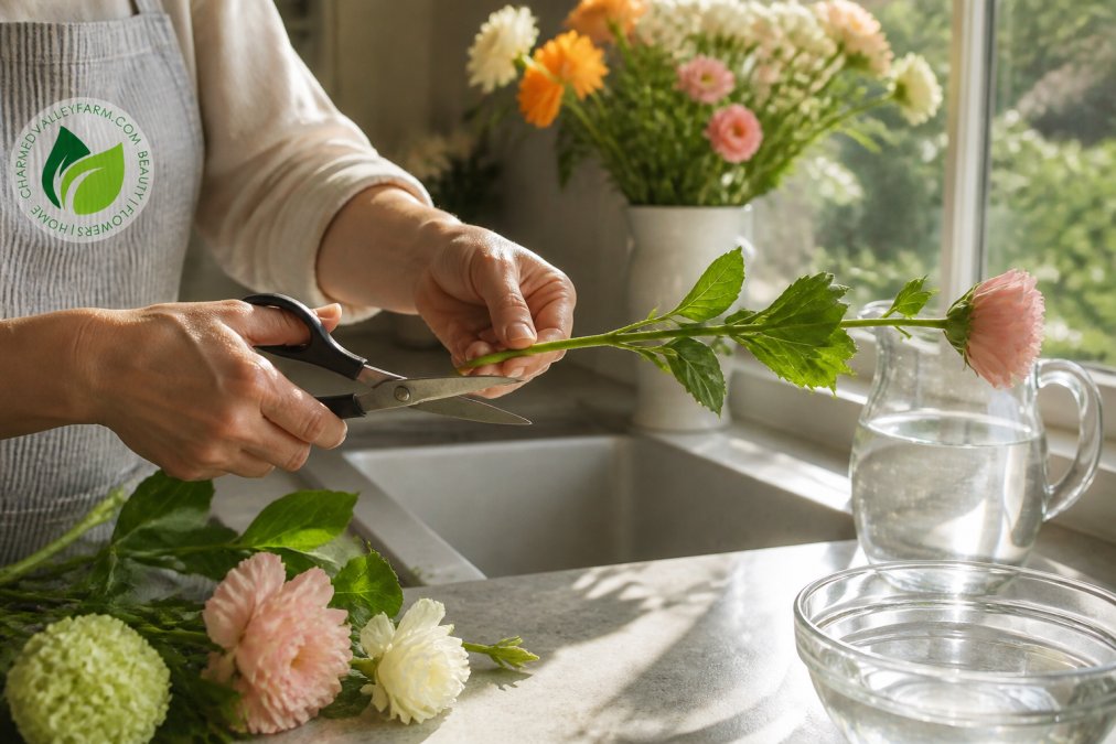 Hands trimming a fresh cut flower stem at a 45-degree angle over a sink with clean scissors, fresh water visible in the background, natural morning light streaming through the window