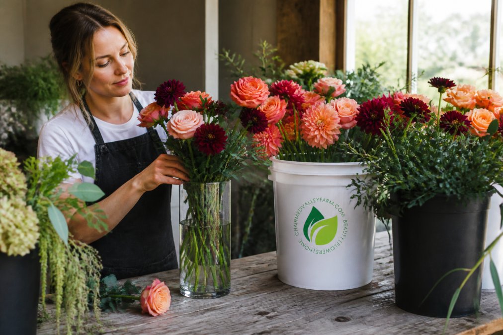 Florist arranging vibrant locally grown roses, dahlias, and greenery from a fresh bucket, hands carefully placing stems in a tall glass glass vase, natural studio lighting illuminating the blooms' color and texture