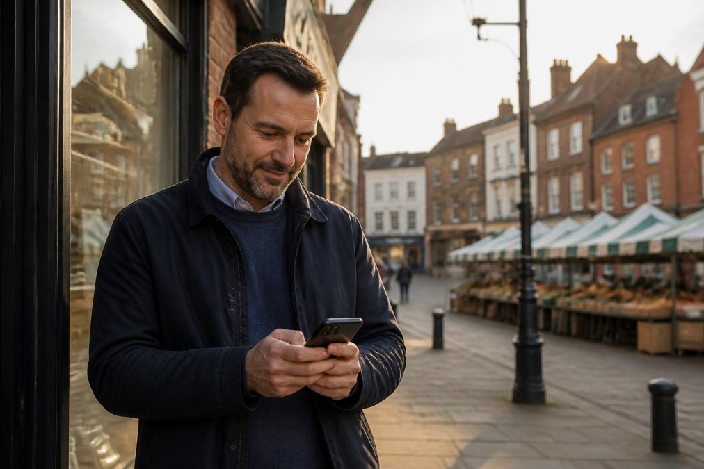 A Northampton business owner standing outside a town centre shopfront, reviewing search results on a smartphone, traditional brick buildings and a market square visible behind him in soft afternoon light