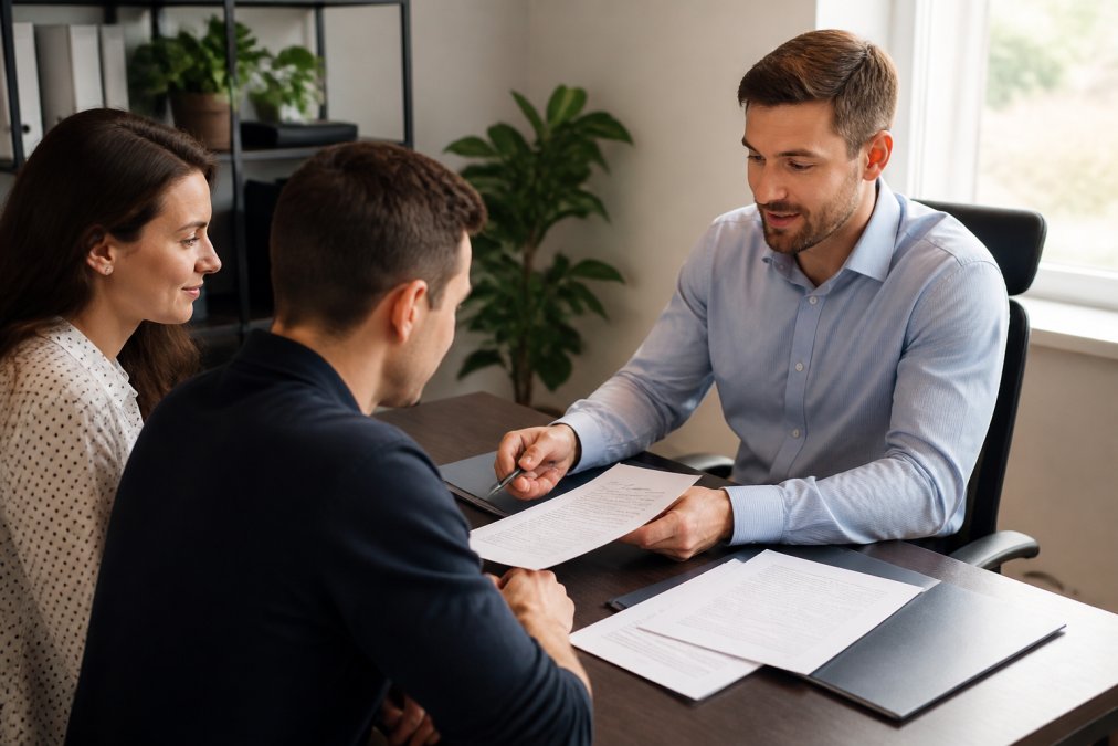 Insurance agent meeting with clients at desk, reviewing policy documents and discussing coverage options in bright professional office with natural lighting