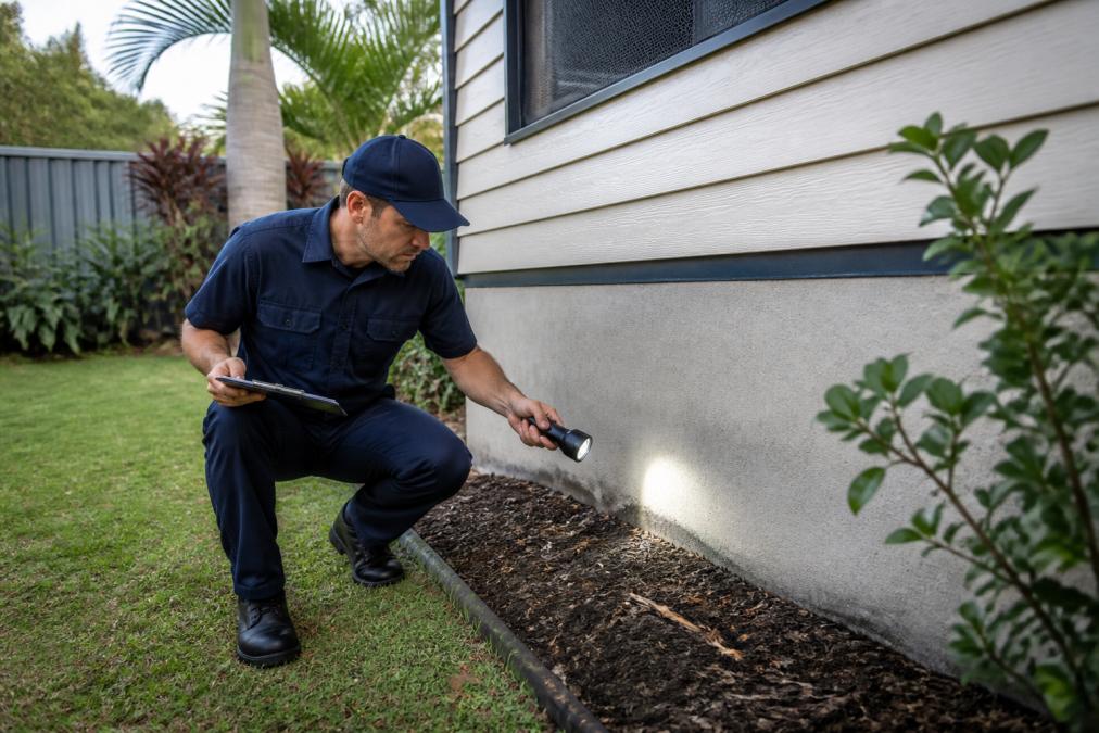 Pest control technician inspecting a residential foundation for local pest control services.