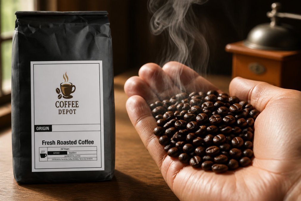 Close-up of freshly roasted coffee beans in a hand, showing vibrant dark color with subtle sheen, steam rising gently in soft morning light