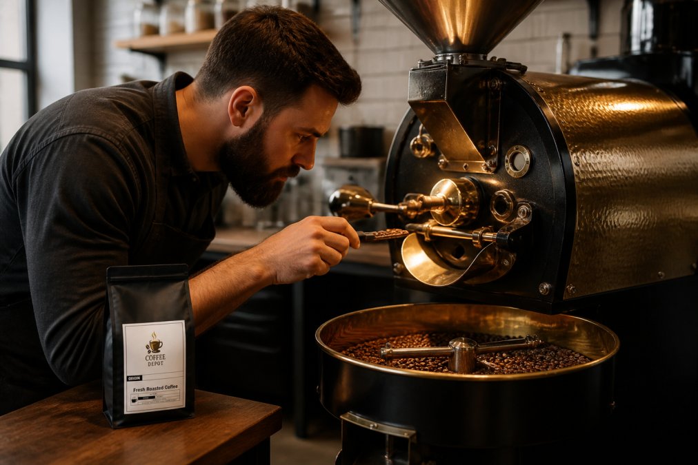 Skilled coffee roaster monitoring beans in a small roasting drum, leaning forward with focused attention, warm roastery lighting reflecting off the metal drum, precision and craftsmanship evident in the workspace