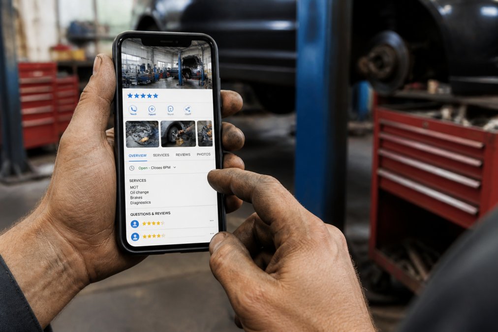 Close-up of a smartphone displaying a garage's Google Business Profile with customer reviews, service photos, and business hours visible on screen, held in a mechanic's hands in a workshop setting