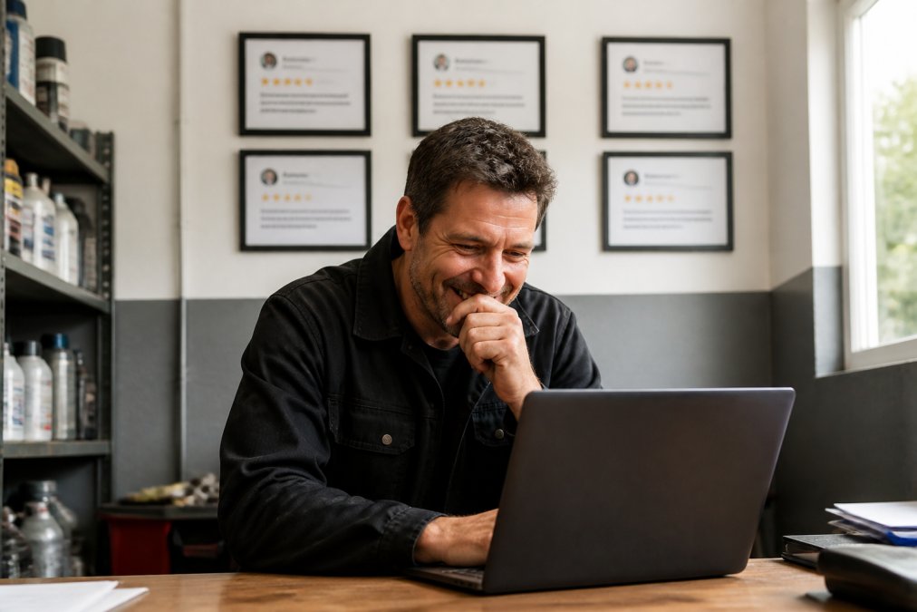 Garage owner or experienced mechanic reading positive customer reviews on a computer in their office, smiling with genuine satisfaction, with framed customer testimonials visible on the wall behind them
