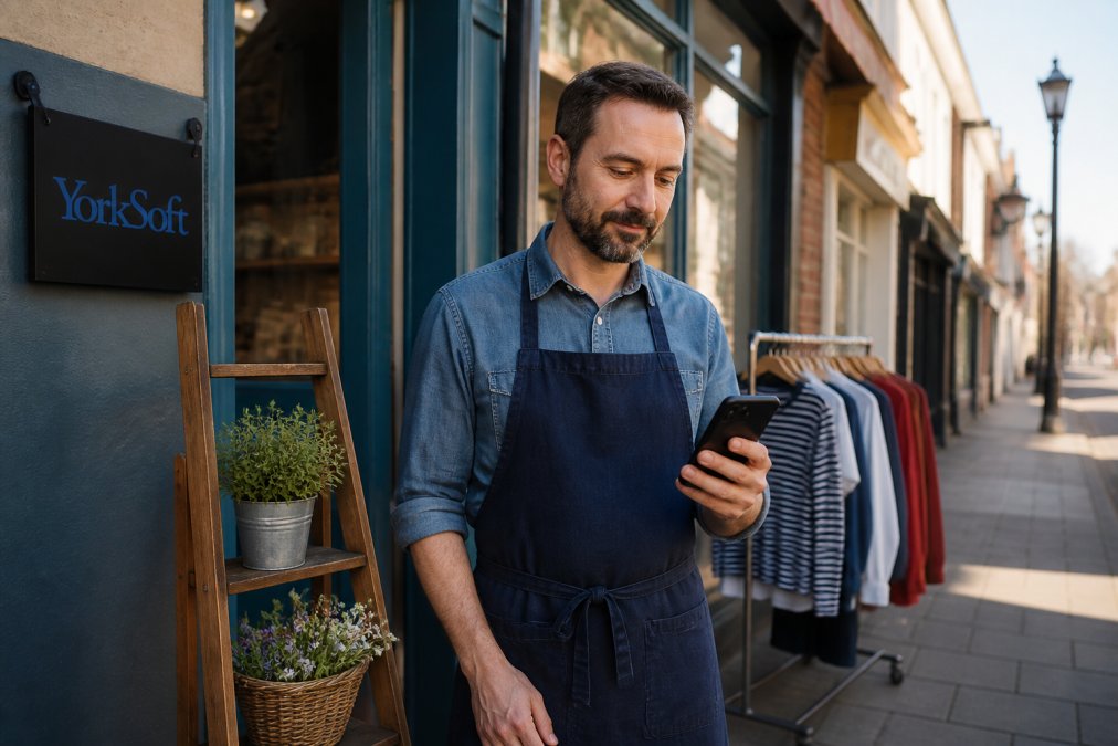A Northampton shop owner standing outside their independent high street retail store, reviewing local search results on a smartphone in soft morning light