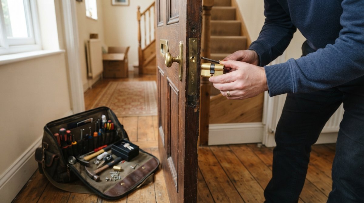 A homeowner's hand fitting a new brass door cylinder into a wooden front door, with a locksmith's tool bag open on the hallway floor beside them