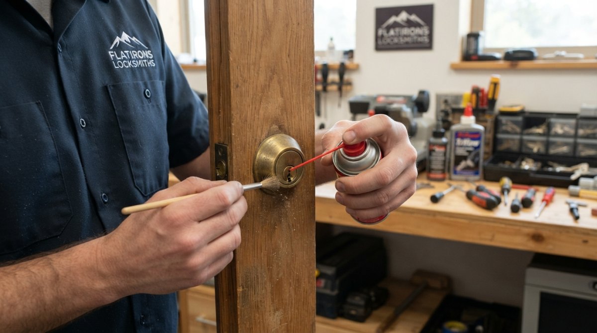 Hands using compressed air and a brush to clean a brass door cylinder to fix sticky locks