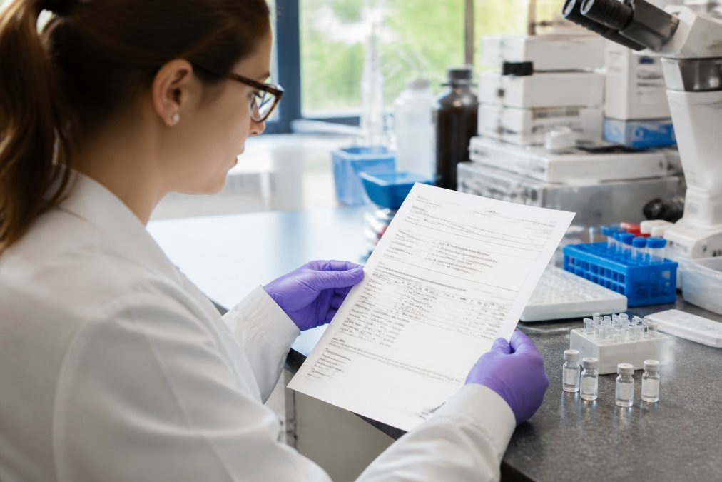 Researcher in laboratory examining a printed certificate of analysis document at a workbench with analytical equipment and peptide vials visible in the background, natural window lighting