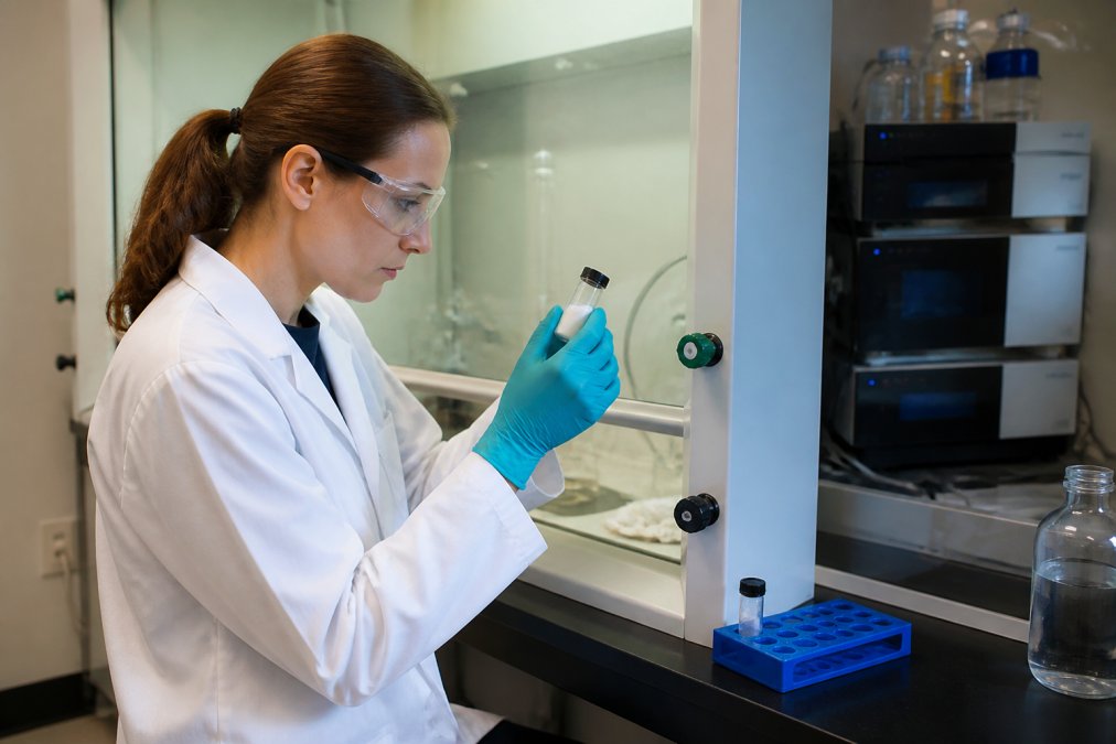 A researcher in a laboratory coat examining a vial of lyophilized peptide powder under a fume hood, with analytical HPLC equipment visible in the background