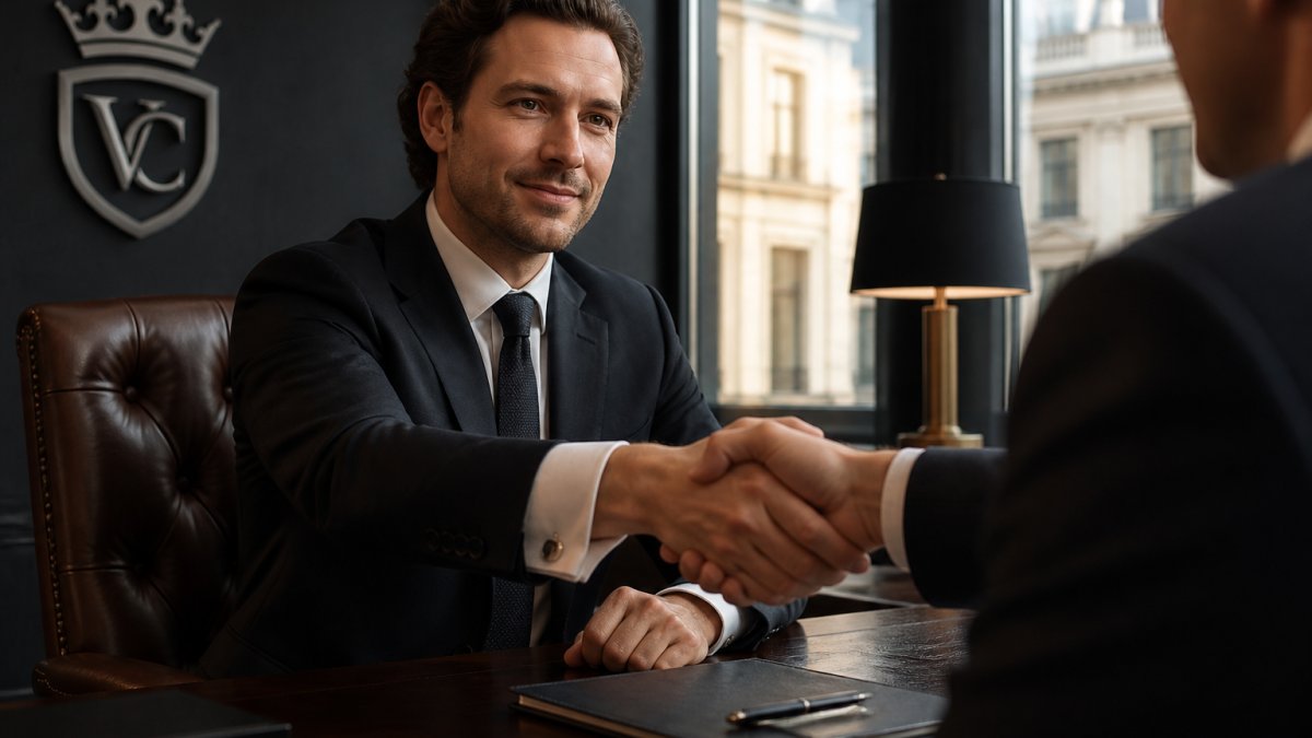 Professional man in tailored business suit at polished wooden desk during handshake, sterling silver cufflinks visible on wrist catching natural window light, confident expression
