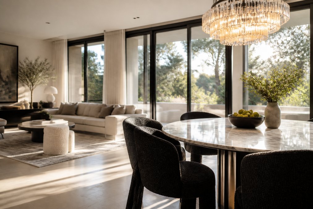 A sunlit living room with a black boucle dining chair beside a marble-topped table, a gold crystal chandelier glowing warmly overhead, natural light streaming through large windows
