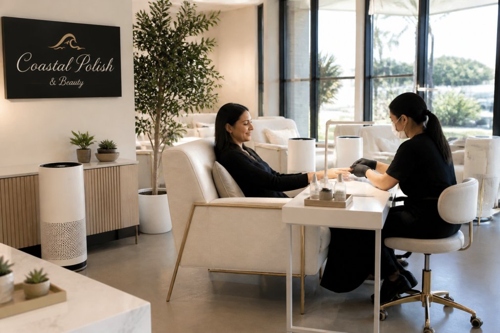 A bright, modern nail salon interior with large windows, visible air purifiers, and a client relaxing in a comfortable chair while a technician works nearby in a clean, open space